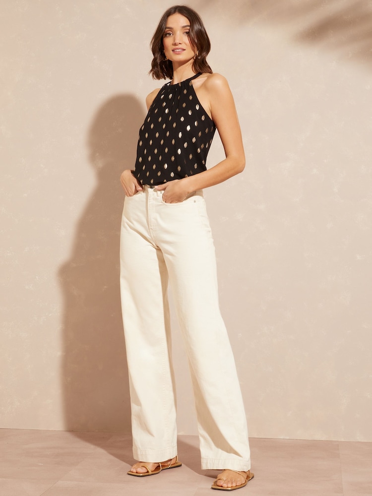 Love & Roses Black With Gold Foil Halter Neck Jersey Top - Image 4 of 4
