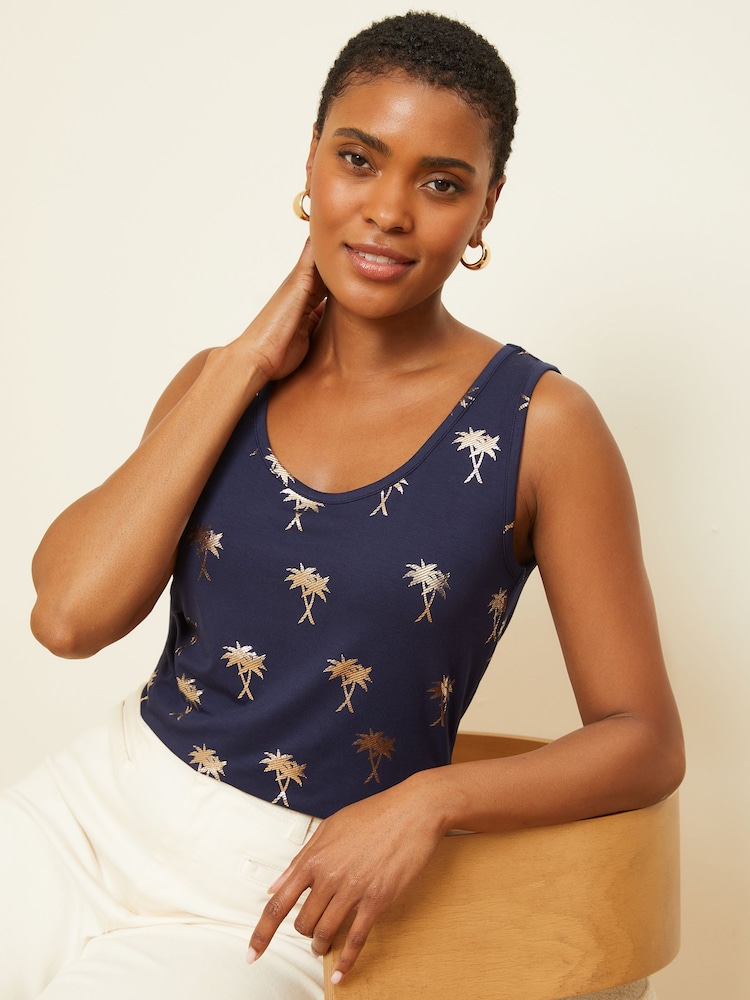 Love & Roses Navy Blue Foil Print Jersey Scoop Neck Vest Top - Image 1 of 4