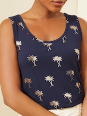 Love & Roses Navy Blue Foil Print Jersey Scoop Neck Vest Top - Image 2 of 4