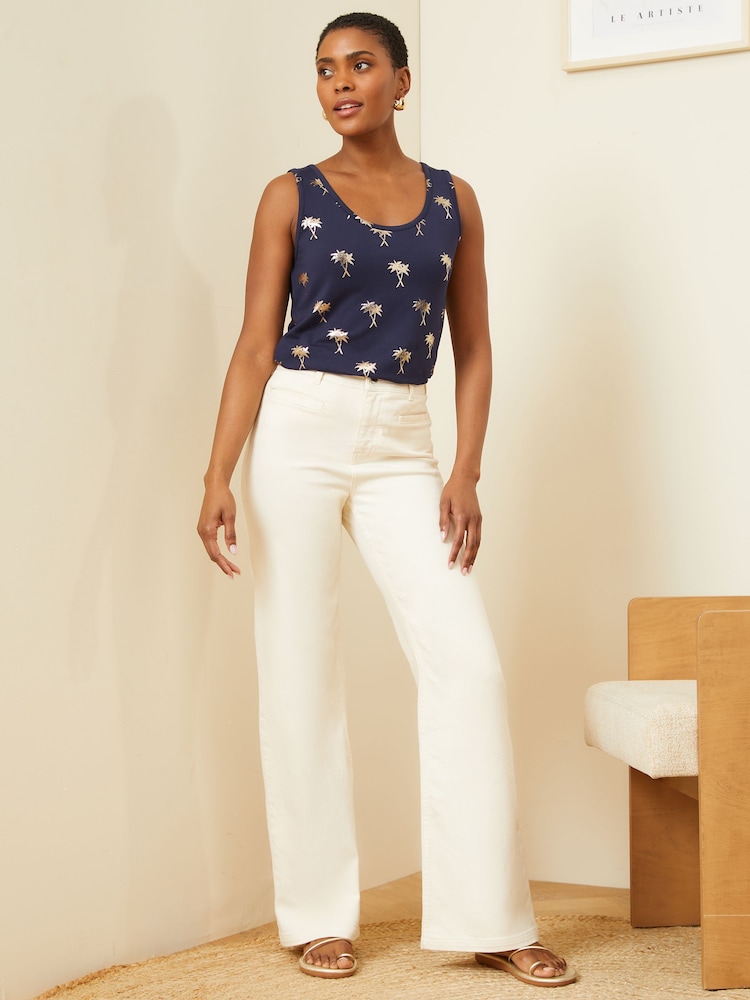 Love & Roses Navy Blue Foil Print Jersey Scoop Neck Vest Top - Image 4 of 4