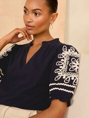 Love & Roses Navy Blue V Neck Embroidered Shorts Sleeve Jersey T-Shirt - Image 2 of 4