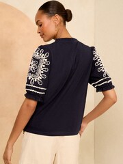 Love & Roses Navy Blue V Neck Embroidered Shorts Sleeve Jersey T-Shirt - Image 3 of 4