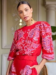 V&A | Love & Roses Red Paisley Printed Puff Sleeve Crew Neck Top - Image 2 of 4