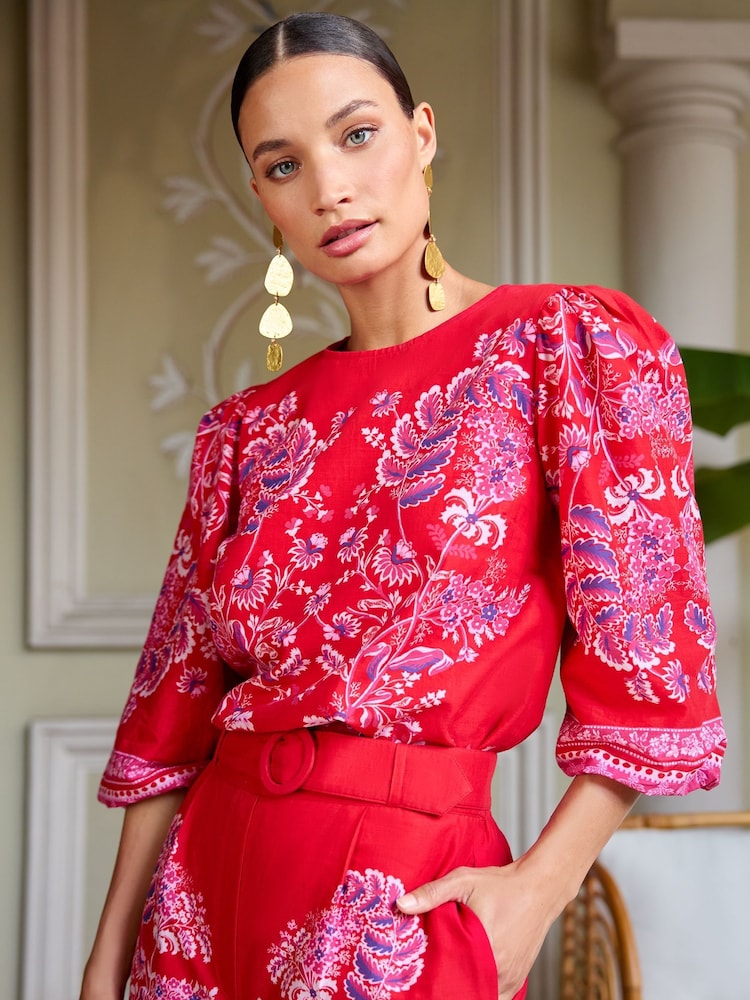 V&A | Love & Roses Red Paisley Printed Puff Sleeve Crew Neck Top - Image 2 of 4