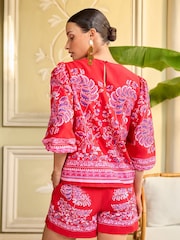 V&A | Love & Roses Red Paisley Printed Puff Sleeve Crew Neck Top - Image 3 of 4