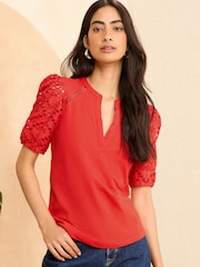 Love & Roses Chilli Red Broderie Short Sleeve V Neck Jersey Top - Image 1 of 4