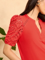 Love & Roses Chilli Red Broderie Short Sleeve V Neck Jersey Top - Image 2 of 4