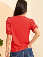 Love & Roses Chilli Red Broderie Short Sleeve V Neck Jersey Top - Image 3 of 4