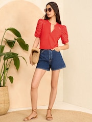 Love & Roses Chilli Red Broderie Short Sleeve V Neck Jersey Top - Image 4 of 4