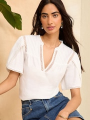 Love & Roses Ivory White Pin Tuck V Neck Flutter Sleeve Jersey Top - Image 1 of 4