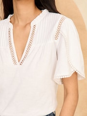 Love & Roses Ivory White Pin Tuck V Neck Flutter Sleeve Jersey Top - Image 2 of 4