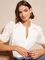 Love & Roses White Petite Broderie Shortss Sleeve V Neck Jersey Top - Image 1 of 4