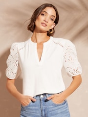 Love & Roses White Petite Broderie Shortss Sleeve V Neck Jersey Top - Image 2 of 4