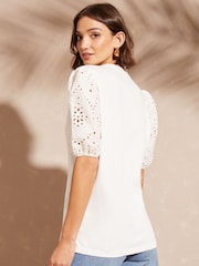 Love & Roses White Petite Broderie Shortss Sleeve V Neck Jersey Top - Image 3 of 4