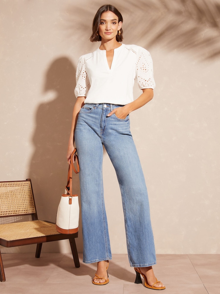 Love & Roses White Petite Broderie Shortss Sleeve V Neck Jersey Top - Image 4 of 4