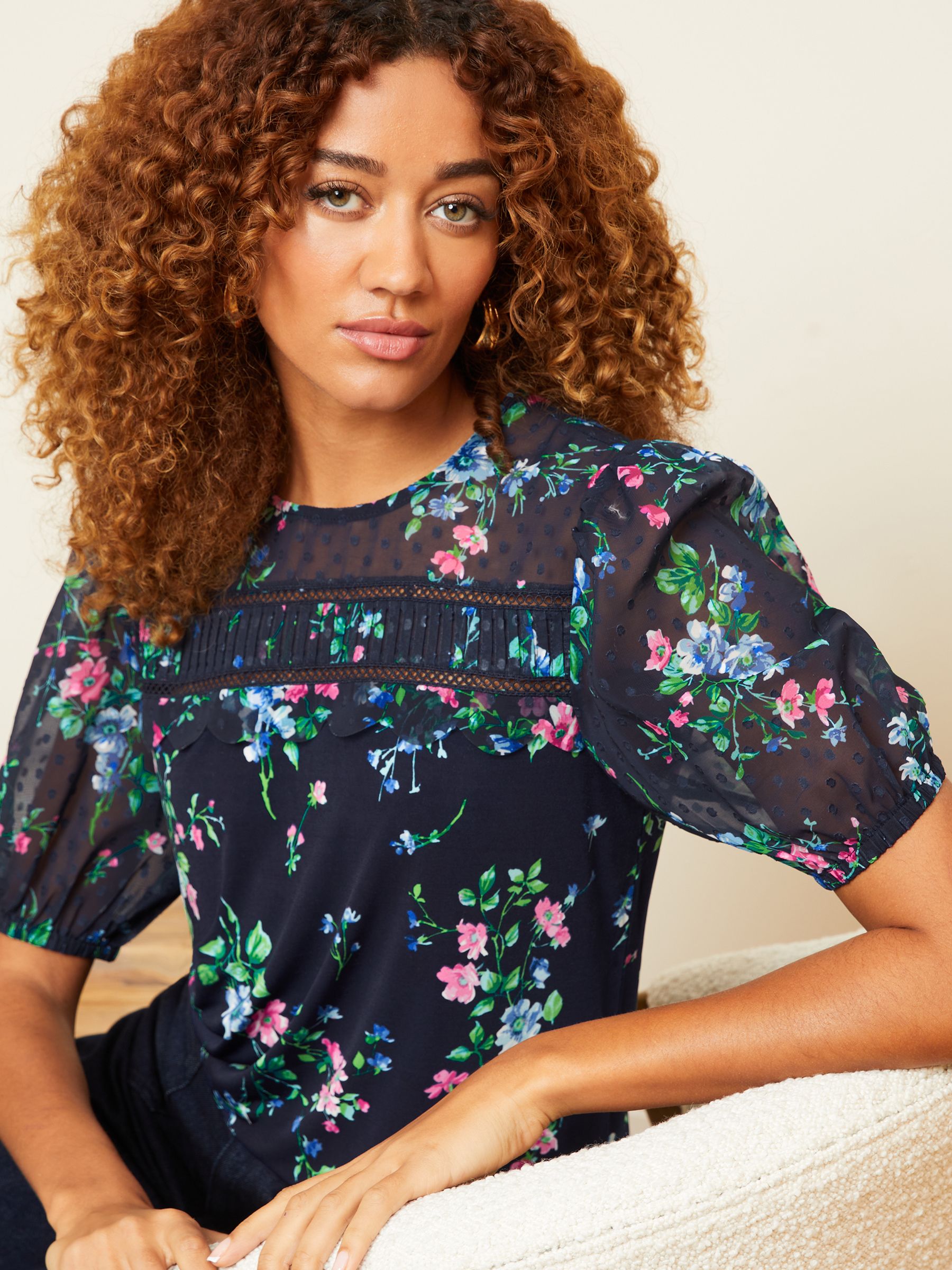 Buy Love & Roses Navy Blue Floral Scallop Dobby Yoke Round Neck Short  Sleeve Jersey Top from Next Luxembourg