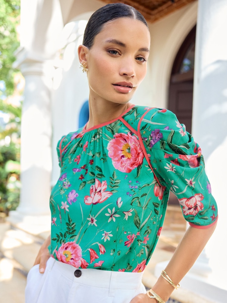 V&A | Love & Roses Green Floral Historical Sleeve Crepe Blouse - Image 1 of 1 V&A | Love & Roses Green Floral Historical Sleeve Crepe Blouse - Image 1 of 1