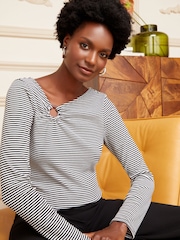 Love & Roses Black And White Stripe Ring Detail Asymmetric Neck Long Sleeve Ribbed Jersey Top - Image 1 of 4