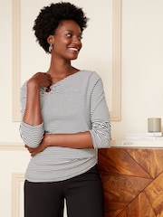 Love & Roses Black And White Stripe Ring Detail Asymmetric Neck Long Sleeve Ribbed Jersey Top - Image 2 of 4
