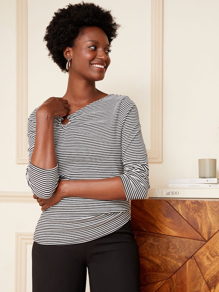 Love & Roses Black And White Stripe Ring Detail Asymmetric Neck Long Sleeve Ribbed Jersey Top - Image 2 of 4