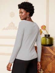Love & Roses Black And White Stripe Ring Detail Asymmetric Neck Long Sleeve Ribbed Jersey Top - Image 3 of 4