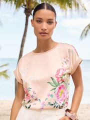 V&A | Love & Roses Pink Floral Print Satin Front Jersey Back Crew Neck T-Shirt - Image 1 of 4