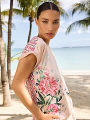 V&A | Love & Roses Pink Floral Print Satin Front Jersey Back Crew Neck T-Shirt - Image 2 of 4