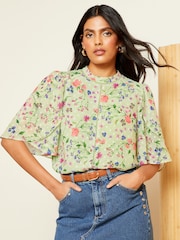 Love & Roses Green Floral Printed Dobby Flutter Sleeve Blouse - Image 1 of 4