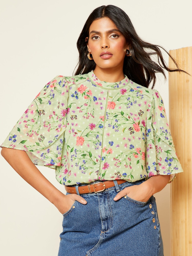 Love & Roses Green Floral Printed Dobby Flutter Sleeve Blouse - Image 1 of 4