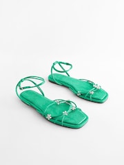 Green Metallic Jewelled Flower Strappy Sandals - Image 5 of 10