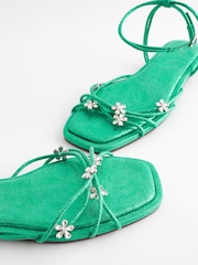 Green Metallic Jewelled Flower Strappy Sandals - Image 8 of 10