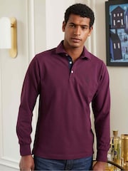 Savile Row Company Denim Blue Long Sleeve 100% Cotton Polo Shirt - Image 1 of 6