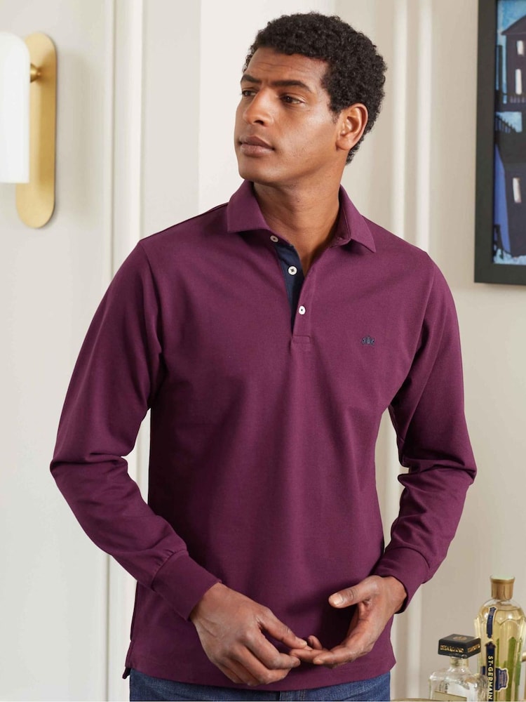 Savile Row Company Denim Blue Long Sleeve 100% Cotton Polo Shirt - Image 2 of 6