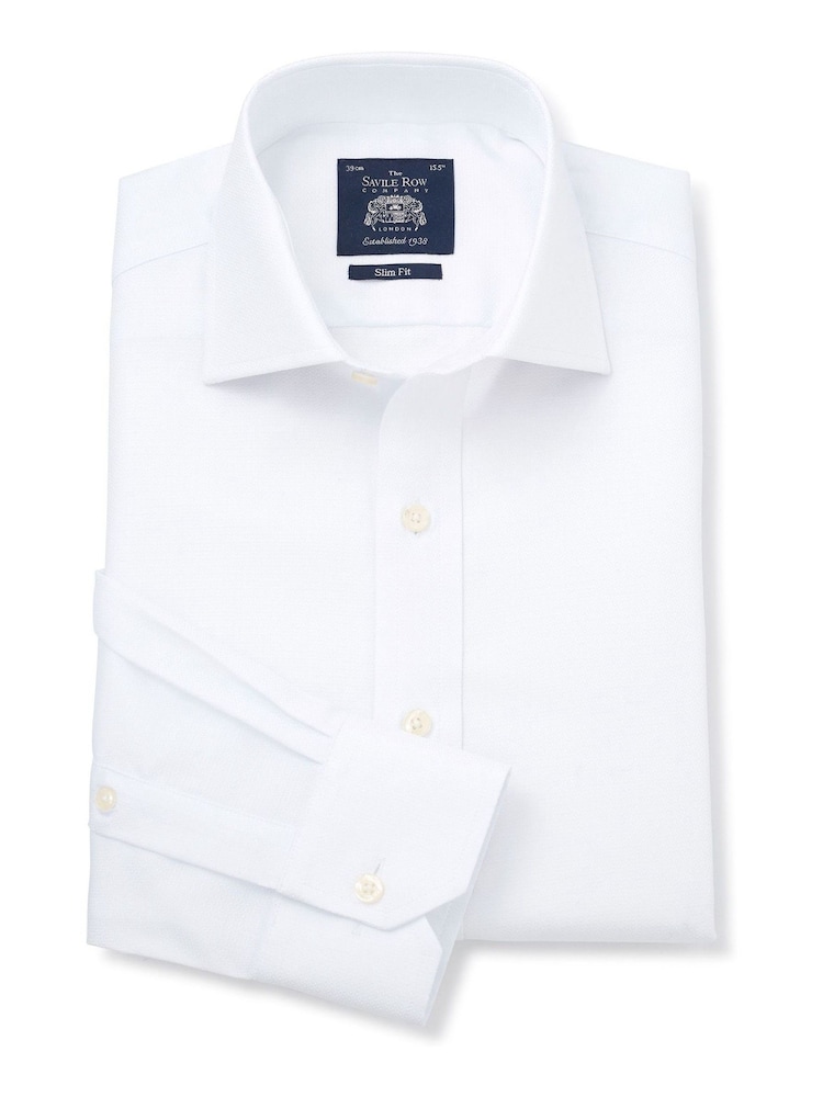 Savile Row Company Slim Textured 100% Cotton Single Cuff Formal White Shirt - Image 2 of 4