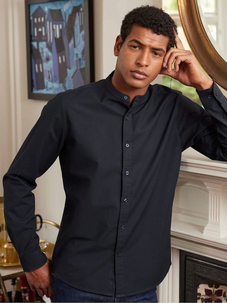 Savile Row Company Slim Fit Blue 100% Cotton Grandad Collar Shirt - Image 1 of 3