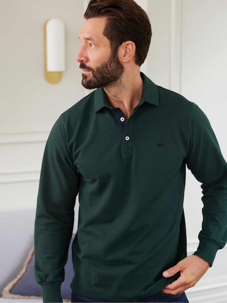 Savile Row Company Denim Blue Long Sleeve 100% Cotton Polo Shirt - Image 2 of 5