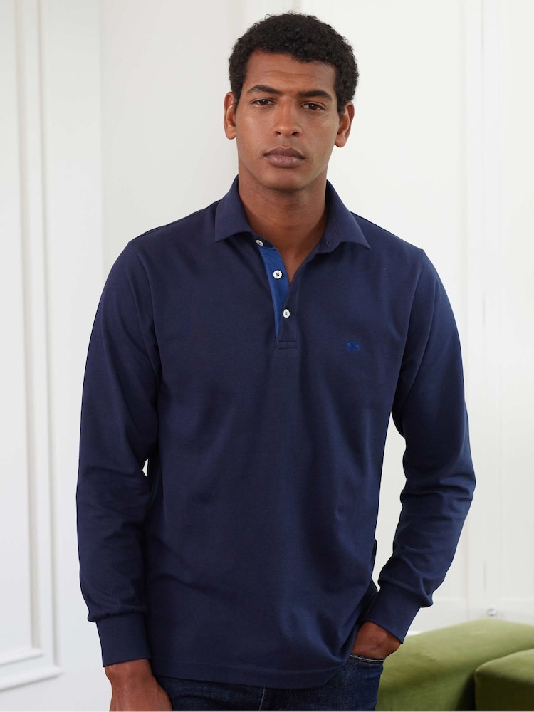 Savile Row Company Denim Blue Long Sleeve 100% Cotton Polo Shirt - Image 2 of 5