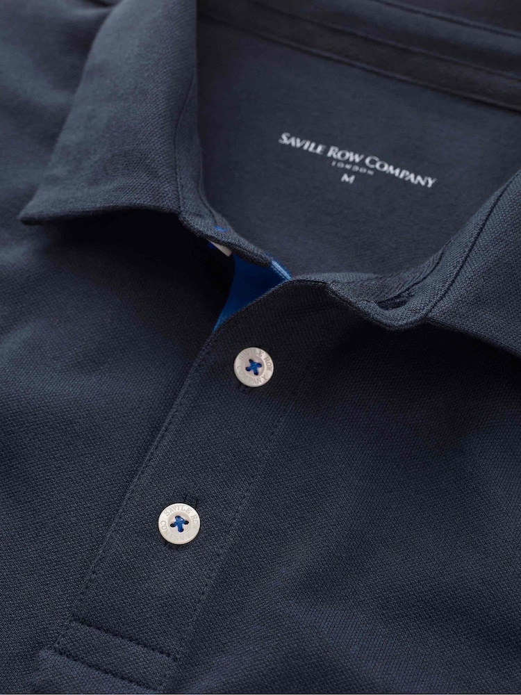 Savile Row Company Denim Blue Long Sleeve 100% Cotton Polo Shirt - Image 5 of 5