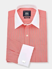 Темно-красный - Savile Row Company Классическая посадка 100% хлопка в полоску рубашки с двойным манжетом - Image 3 of 6