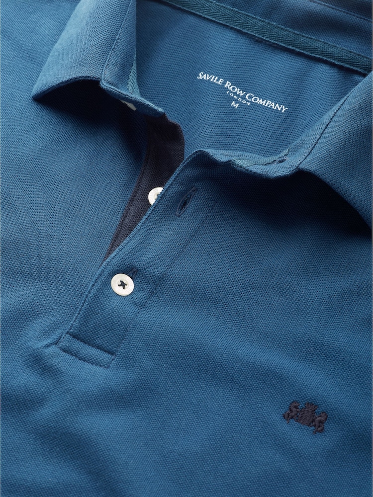 Savile Row Company Denim Blue Long Sleeve 100% Cotton Polo Shirt - Image 4 of 4