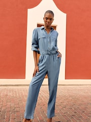 Love & Roses Blue TENCEL™ Button Through Belted Utility Jumpsuit - Image 1 of 3