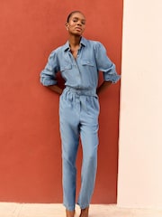 Love & Roses Blue TENCEL™ Button Through Belted Utility Jumpsuit - Image 3 of 3