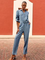 Love & Roses Blue Petite TENCEL™ Button Through Belted Utility Jumpsuit - Image 1 of 3