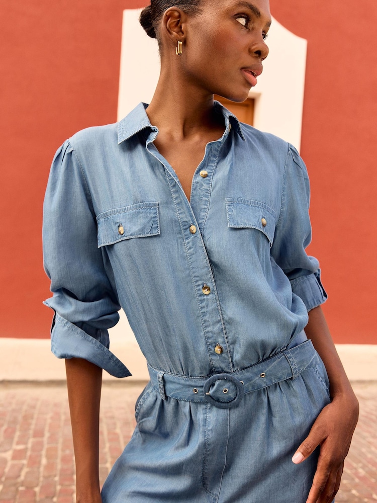 Love & Roses Blue Petite TENCEL™ Button Through Belted Utility Jumpsuit - Image 2 of 3