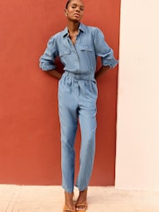 Love & Roses Blue Petite TENCEL™ Button Through Belted Utility Jumpsuit - Image 3 of 3
