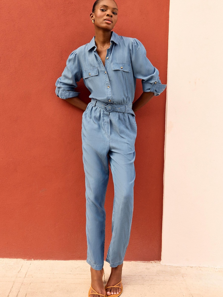 Love & Roses Blue Petite TENCEL™ Button Through Belted Utility Jumpsuit - Image 3 of 3