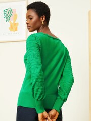 Love & Roses Green Pointelle Knit Scallop Neck Jumper - Image 3 of 4