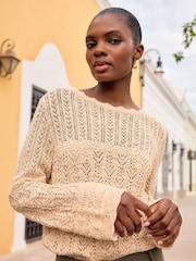 Love & Roses Gold Pointelle Scallop Cuff Knitted Jumper - Image 1 of 4