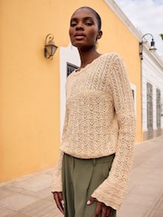 Love & Roses Gold Pointelle Scallop Cuff Knitted Jumper - Image 2 of 4