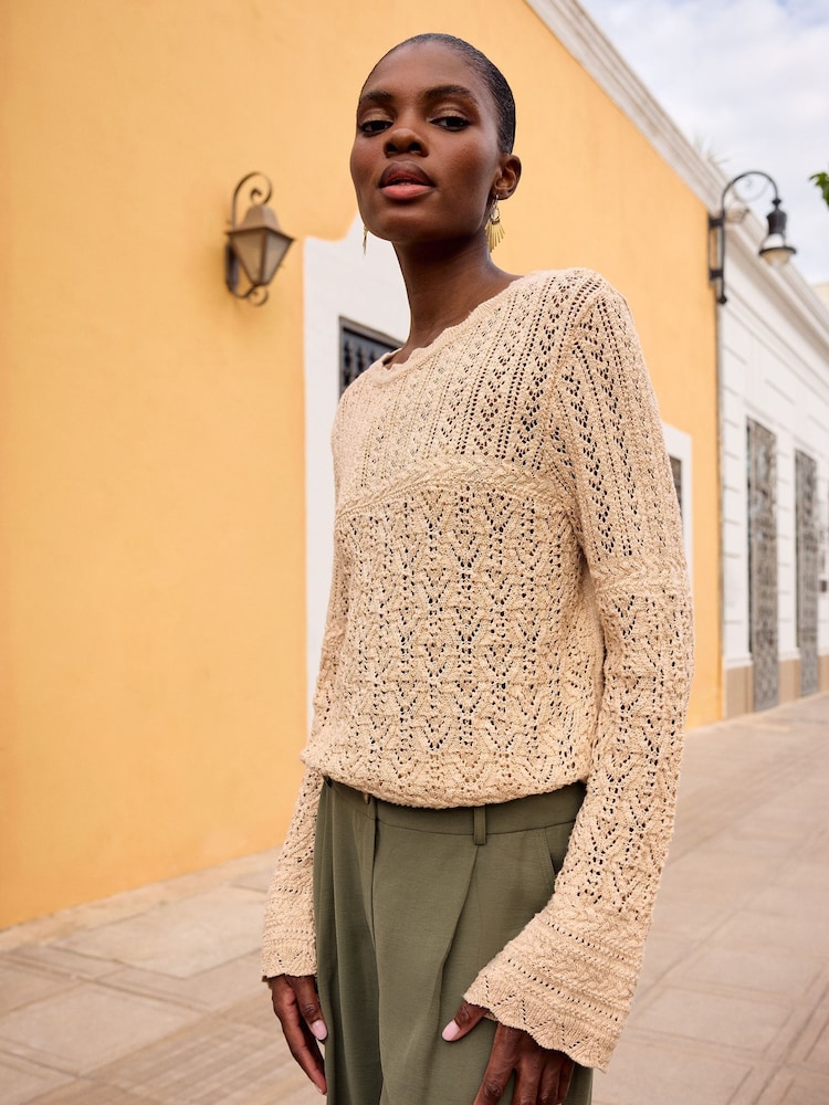 Love & Roses Gold Pointelle Scallop Cuff Knitted Jumper - Image 2 of 4 Love & Roses Gold Pointelle Scallop Cuff Knitted Jumper - Image 2 of 4
